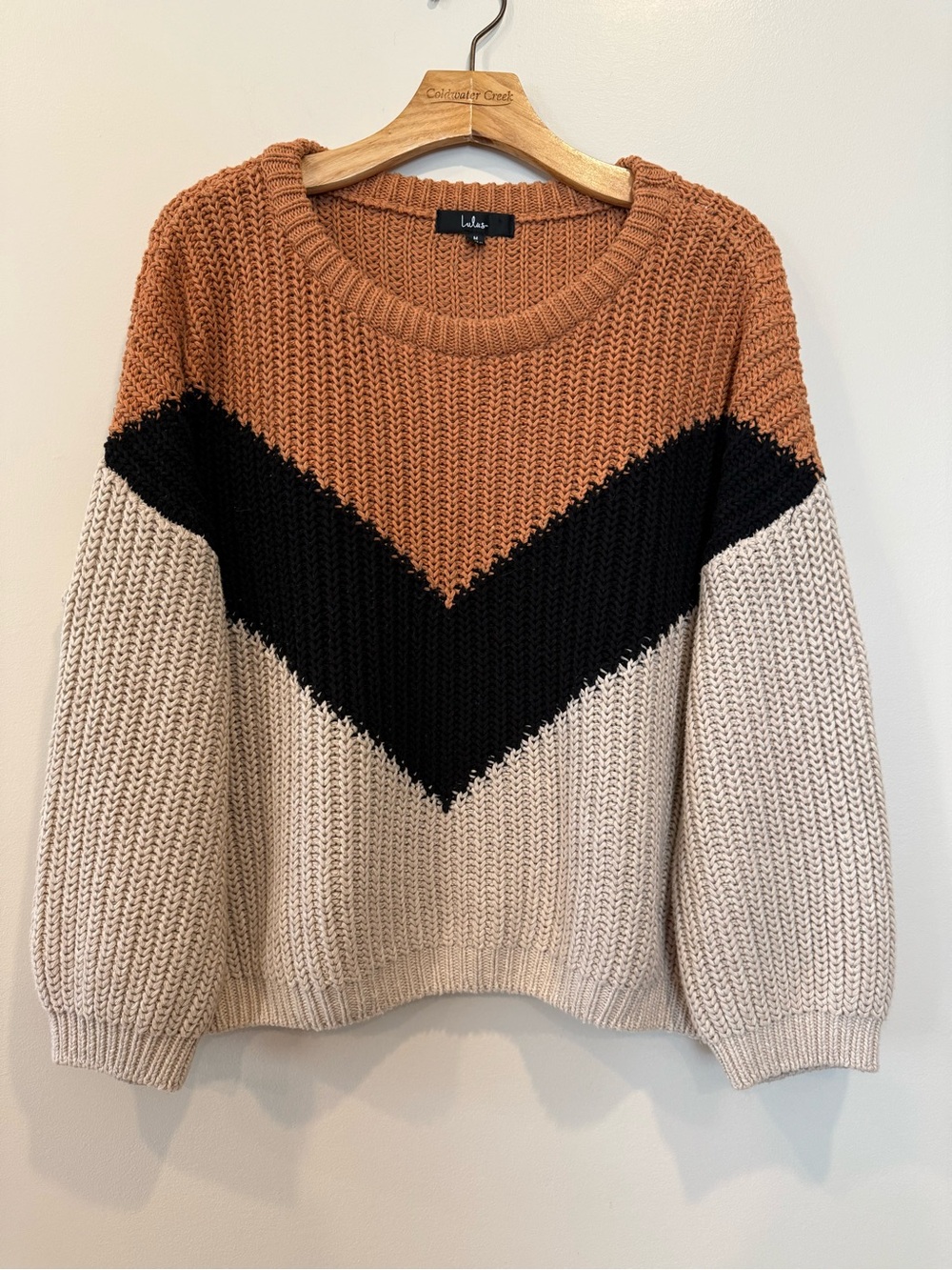 Lulu's Chevron Colorblock Crewneck Sweater - Rust, Black, Cream Medium